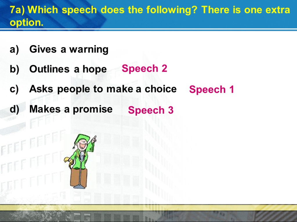 7a) Which speech does the following? There is one extra option. Gives a warning